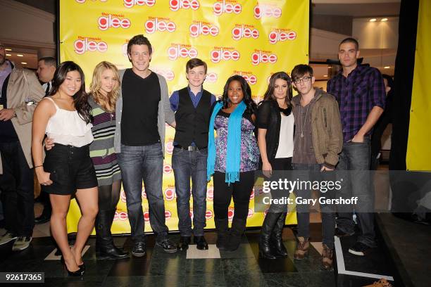 Actors Jenna Ushkowitz, Dianna Agron, Cory Monteith, Chris Colfer, Amber Riley, Lea Michele, Kevin McHale and Mark Salling attend the cast of Glee...