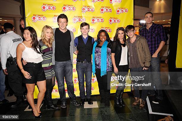 Actors Jenna Ushkowitz, Dianna Agron, Cory Monteith, Chris Colfer, Amber Riley, Lea Michele, Kevin McHale and Mark Salling attend the cast of Glee...