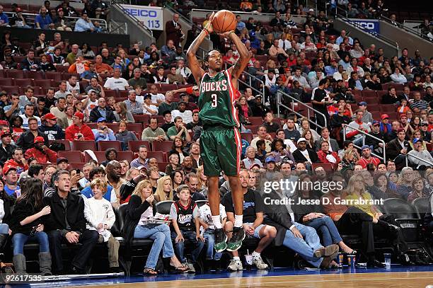 Brandon Jennings of the Milwaukee Bucks shoots during the game against the Philadelphia 76ers on October 30, 2009 at Wachovia Center in Philadelphia,...