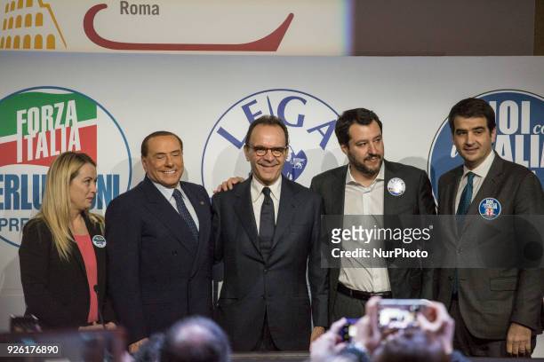 Head of the centre-right Forza Italia Silvio Berlusconi gives a joint press conference with Leader of far-right party the League Matteo Salvini...