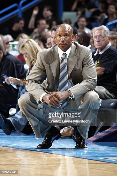 Head coach Byron Scott of the New Orleans Hornets looks on from the sidelines during the game against the Sacramento Kings at New Orleans Arena on...