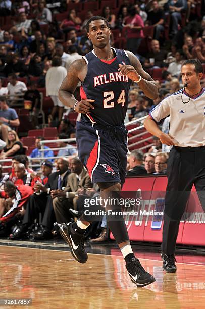 Marvin Williams of the Atlanta Hawks runs up the court during the pre-season game against the Orlando Magic on October 23, 2009 at Amway Arena in...
