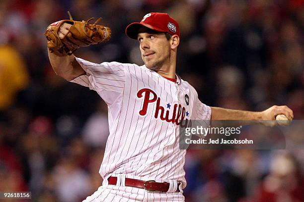 Starting pitcher Cliff Lee of the Philadelphia Phillies throws a pitch against the New York Yankees in Game Five of the 2009 MLB World Series at...