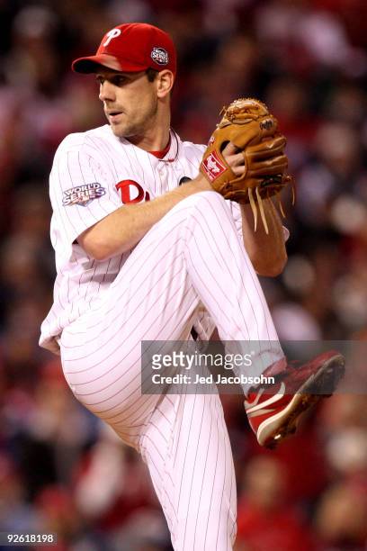 Starting pitcher Cliff Lee of the Philadelphia Phillies throws a pitch against the New York Yankees in Game Five of the 2009 MLB World Series at...