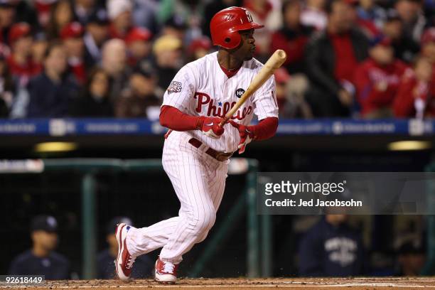 Jimmy Rollins of the Philadelphia Phillies singles in the bottom of the first inning against the New York Yankees in Game Five of the 2009 MLB World...