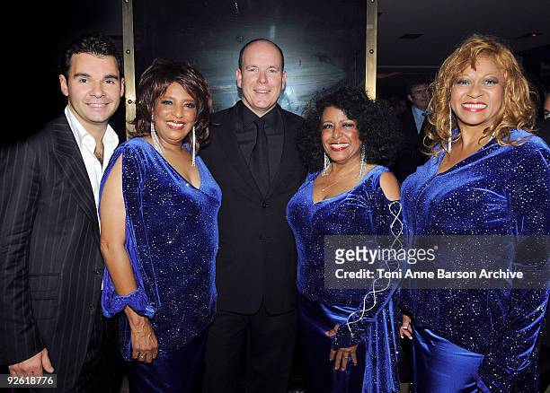 Prince Albert II of Monaco, Antoine Chevanne - CEO of Floirat Group and The Supremes at the Black Legend opening party on October 29, 2009 in...