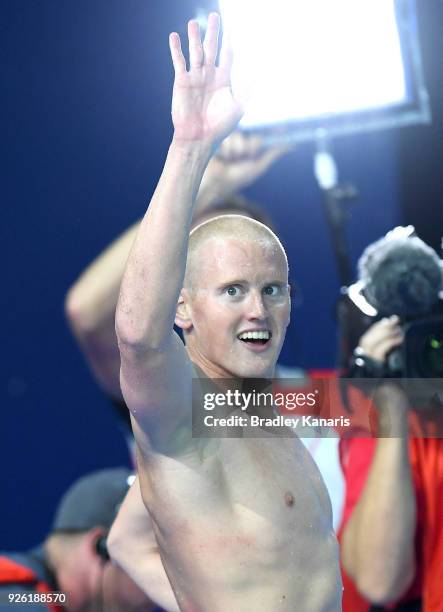 David Morgan celebrates after winning the final of the Men's 100m Butterfly event during the 2018 Australia Swimming National Trials at the Optus...