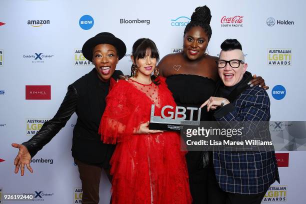 Yael Stone, Samira Wiley, Danielle Brooks and Lea DeLaria of Orange Is The New Black pose with the Film, TV & Web Series Award in the media room...