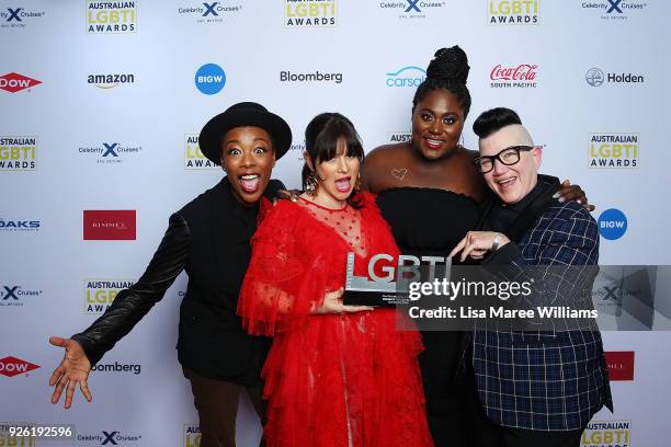 Yael Stone, Samira Wiley, Danielle Brooks and Lea DeLaria of Orange Is The New Black pose with the Film, TV & Web Series Award in the media room...