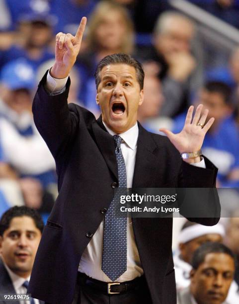 John Calipari the Head Coach of the Kentucky Wildcats gives instructions to his team during the game against the Campbellsville University Tigers at...