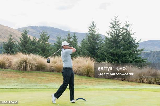 Former New Zealand cricketer Stephen Fleming tees off during day two of the ISPS Handa New Zealand Golf Open at The Hills Golf Club on March 2, 2018...