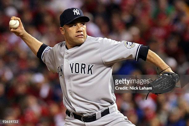 Alfredo Aceves of the New York Yankees throws a pitch against the Philadelphia Phillies in Game Five of the 2009 MLB World Series at Citizens Bank...