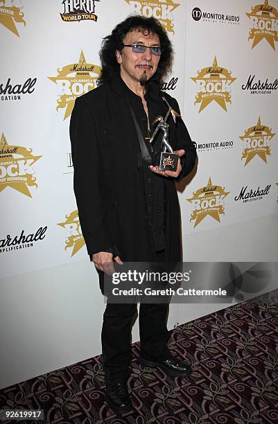 Tony Iommi from the rock group Black Sabbath with the Best ReIssue award during the Classic Rock Roll Of Honour Awards at the Park Lane Hotel on...