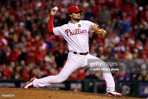 Chan Ho Park of the Philadelphia Phillies throws a pitch against the New York Yankees in Game Five of the 2009 MLB World Series at Citizens Bank Park...