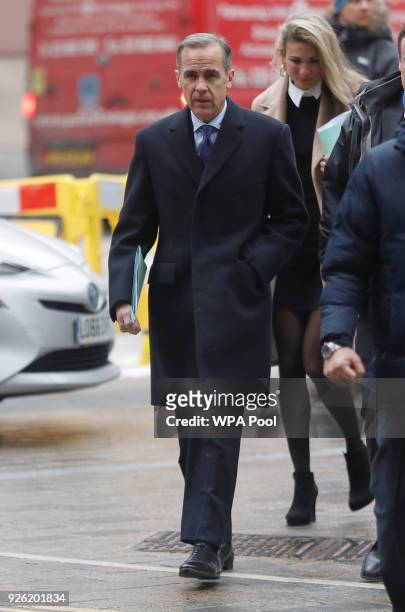 The Governor of the Bank of England, Mark Carney arrives to speak to the Scottish Economics Forum, via a live feed on March 2, 2018 in London,...