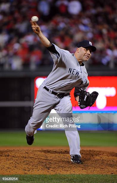 Alfredo Aceves of the New York Yankees pitches during Game Five of the 2009 MLB World Series at Citizens Bank Park on November 2, 2009 in...
