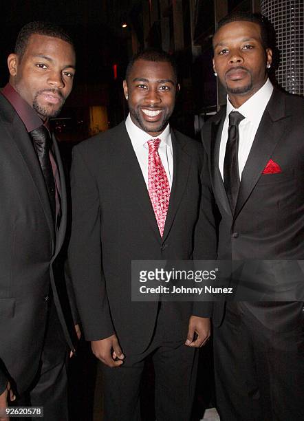 Braylon Edwards, Darrelle Revis and Kerry Rhodes attend the Kerry Rhodes Foundation black tie dinner at STK on November 2, 2009 in New York City.