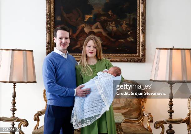 Prince Philip Of Serbia and wife Danica Marinkovic present their baby son Stefan at Royal Palace on March 2, 2018 in Belgrade, Serbia.