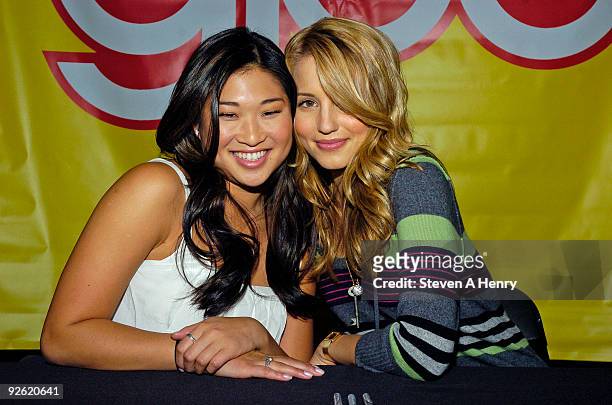 Actors Jenna Ushkowitz and Dianna Agron promote "Glee: The Musical Vol. 1" at the Roosevelt Field Mall on November 2, 2009 in Garden City, New York.