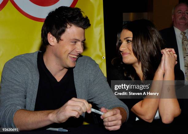 Actors Cory Monteith and Lea Michele promotes "Glee: The Musical Vol. 1" at the Roosevelt Field Mall on November 2, 2009 in Garden City, New York.