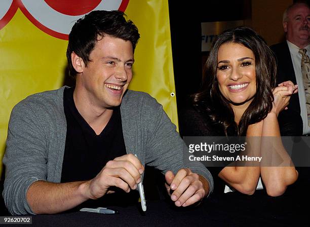 Actors Cory Monteith and Lea Michele promotes "Glee: The Musical Vol. 1" at the Roosevelt Field Mall on November 2, 2009 in Garden City, New York.