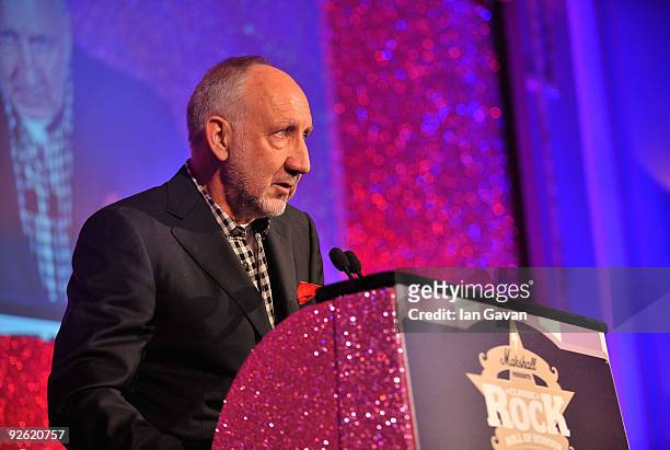 Pete Townshend from the rock band The Who speaks onstage during the Classic Rock Roll Of Honour Awards at the Park Lane Hotel on November 2, 2009 in...