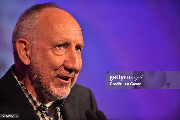 Pete Townshend from the rock band The Who speaks onstage during the Classic Rock Roll Of Honour Awards at the Park Lane Hotel on November 2, 2009 in...