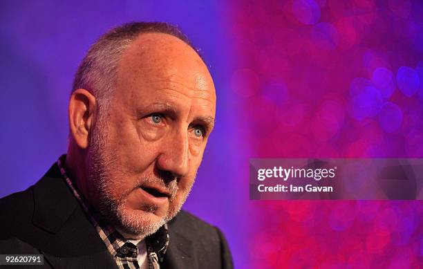 Pete Townshend from the rock band The Who speaks onstage during the Classic Rock Roll Of Honour Awards at the Park Lane Hotel on November 2, 2009 in...