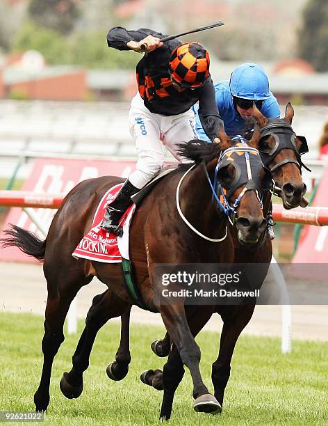 Jockey Corey Brown riding Shocking wins the 2009 Emirates Melbourne Cup during the 2009 Melbourne Cup Day meeting at Flemington Racecourse on...