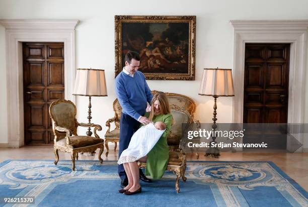 Prince Philip Of Serbia and wife Danica Marinkovic present their baby son Stefan at Royal Palace on March 2, 2018 in Belgrade, Serbia.