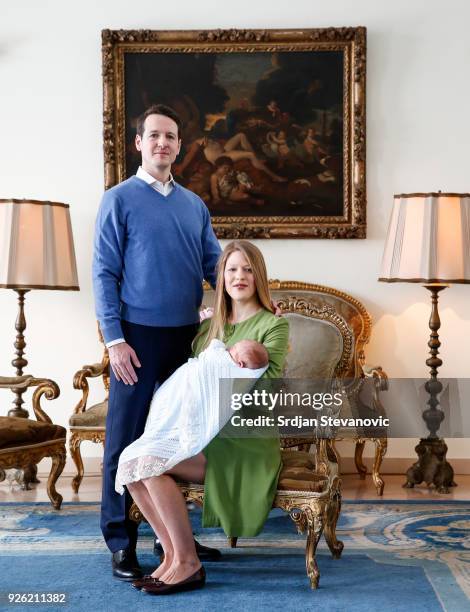 Prince Philip Of Serbia and wife Danica Marinkovic present their baby son Stefan at Royal Palace on March 2, 2018 in Belgrade, Serbia.