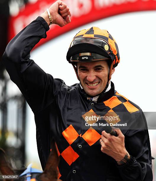 Jockey Corey Brown riding Shocking celebrates as he returns to scale having won the 2009 Emirates Melbourne Cup during the 2009 Melbourne Cup Day...