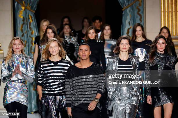 French fashion designer Olivier Rousteing for Balmain acknowledges the audience at the end of Balmain's 2018/2019 fall/winter collection fashion show...
