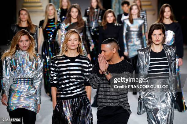 French fashion designer Olivier Rousteing for Balmain acknowledges the audience at the end of Balmain's 2018/2019 fall/winter collection fashion show...