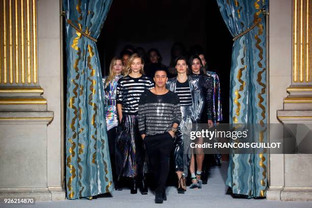 French fashion designer Olivier Rousteing for Balmain acknowledges the audience at the end of Balmain's 2018/2019 fall/winter collection fashion show...