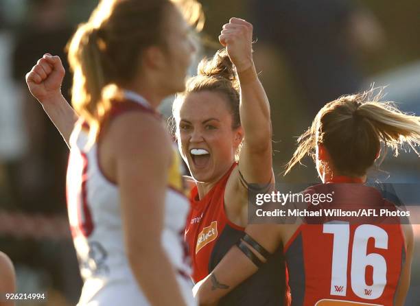 Daisy Pearce of the Demons celebrates a goal during the 2018 AFLW Round 05 match between the Melbourne Demons and the Brisbane Lions at Casey Fields...