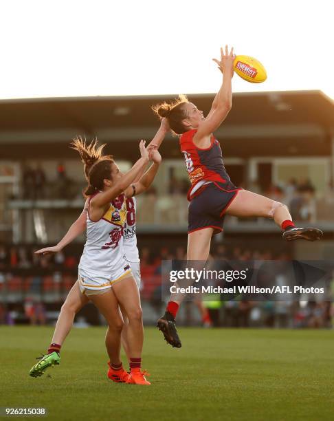 Daisy Pearce of the Demons marks the ball during the 2018 AFLW Round 05 match between the Melbourne Demons and the Brisbane Lions at Casey Fields on...