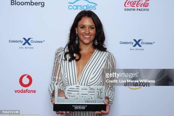 Casey Dellacqua poses with the Sports Personality Award in the media room during the Australian LGBTI Awards at The Star on March 2, 2018 in Sydney,...