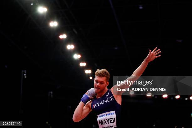 France's Kevin Mayer competes in the men's shot put heptathlon event at the 2018 IAAF World Indoor Athletics Championships at the Arena in Birmingham...