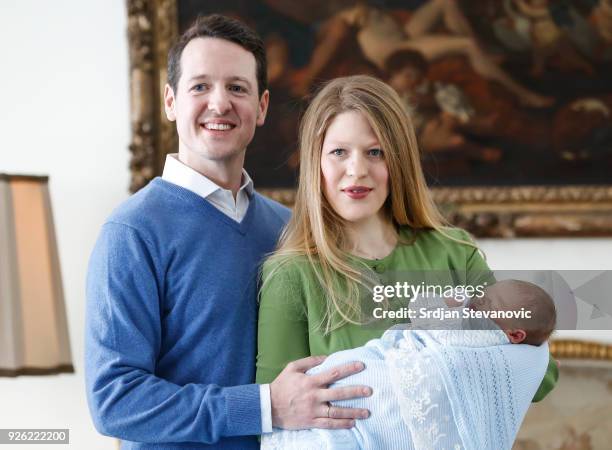 Prince Philip Of Serbia and wife Danica Marinkovic present their baby son Stefan at Royal Palace on March 2, 2018 in Belgrade, Serbia.