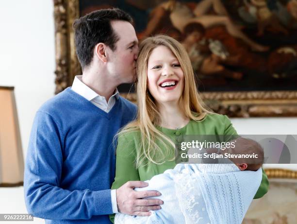 Prince Philip Of Serbia and wife Danica Marinkovic present their baby son Stefan at Royal Palace on March 2, 2018 in Belgrade, Serbia.