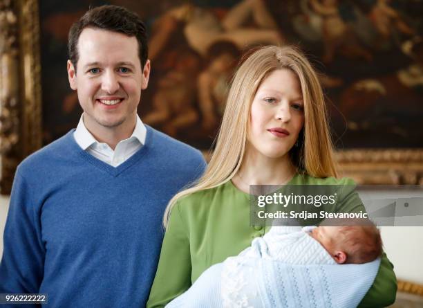 Prince Philip Of Serbia and wife Danica Marinkovic present their baby son Stefan at Royal Palace on March 2, 2018 in Belgrade, Serbia.