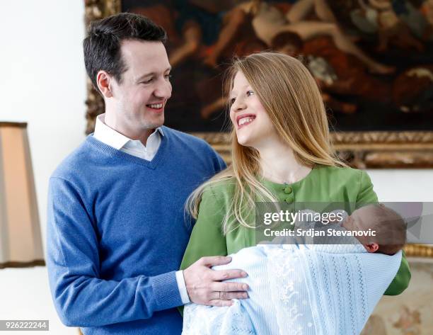 Prince Philip Of Serbia and wife Danica Marinkovic present their baby son Stefan at Royal Palace on March 2, 2018 in Belgrade, Serbia.