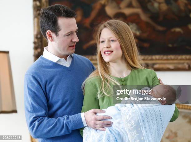 Prince Philip Of Serbia and wife Danica Marinkovic present their baby son Stefan at Royal Palace on March 2, 2018 in Belgrade, Serbia.