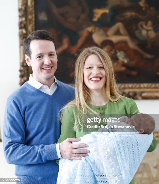 Prince Philip Of Serbia and wife Danica Marinkovic present their baby son Stefan at Royal Palace on March 2, 2018 in Belgrade, Serbia.