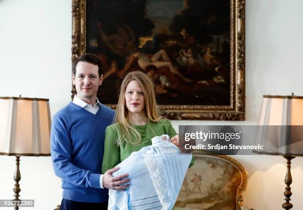 Prince Philip Of Serbia and wife Danica Marinkovic present their baby son Stefan at Royal Palace on March 2, 2018 in Belgrade, Serbia.