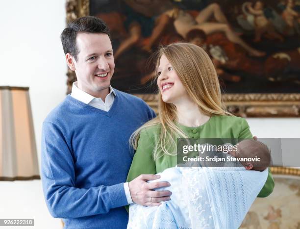 Prince Philip Of Serbia and wife Danica Marinkovic present their baby son Stefan at Royal Palace on March 2, 2018 in Belgrade, Serbia.