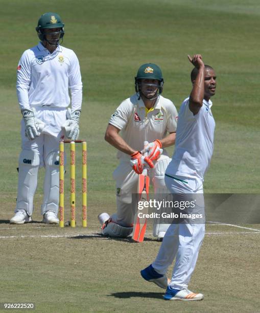 Vernon Philander of the Proteas celebrates the wicket of Mitchell Marsh of Australia out for 96 runs during day 2 of the 1st Sunfoil Test match...