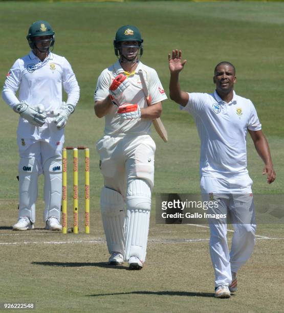 Vernon Philander of the Proteas celebrates the wicket of Mitchell Marsh of Australia out for 96 runs during day 2 of the 1st Sunfoil Test match...