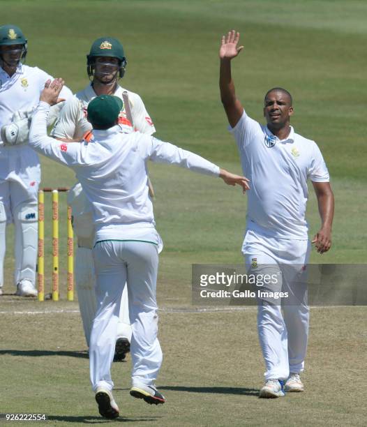 Vernon Philander of the Proteas celebrates the wicket of Mitchell Marsh of Australia out for 96 runs during day 2 of the 1st Sunfoil Test match...